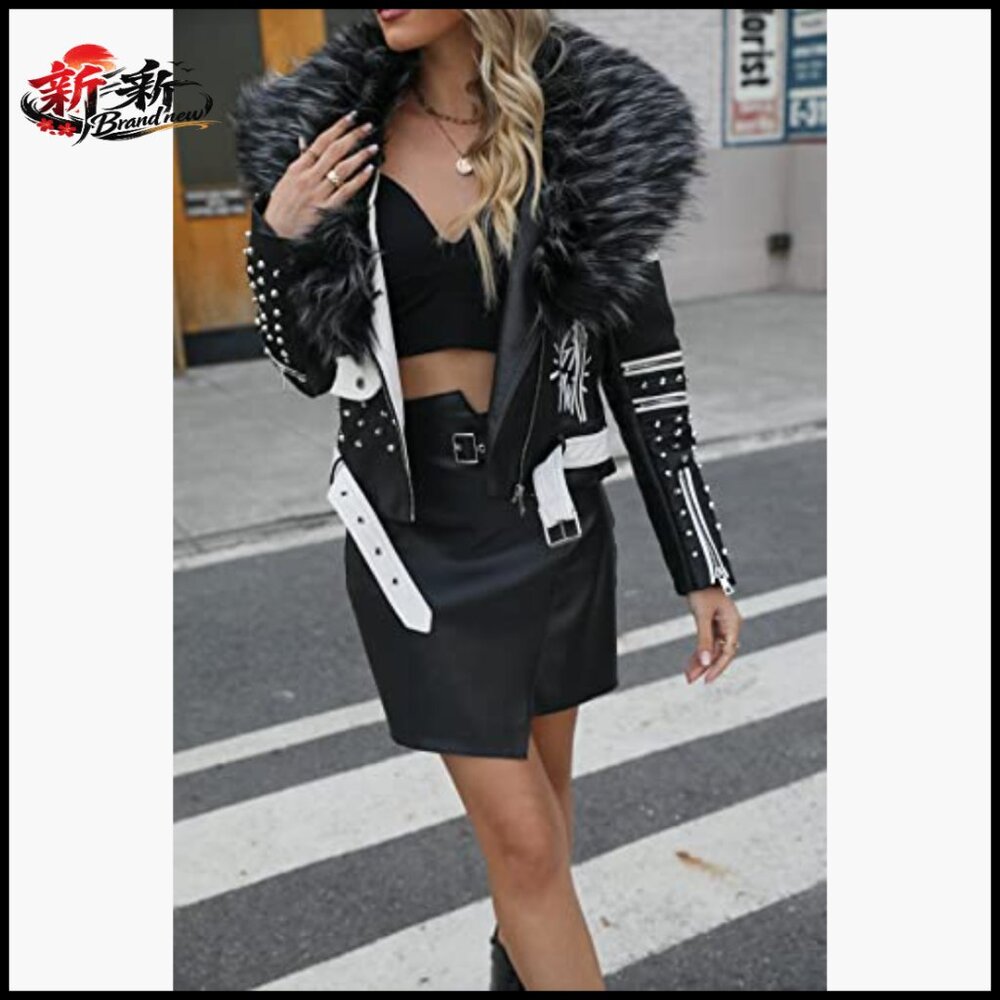 Faux Leather Jacket Studded Rivet Floral Moto Biker Short Lapel Coat - Picture 3 of 7